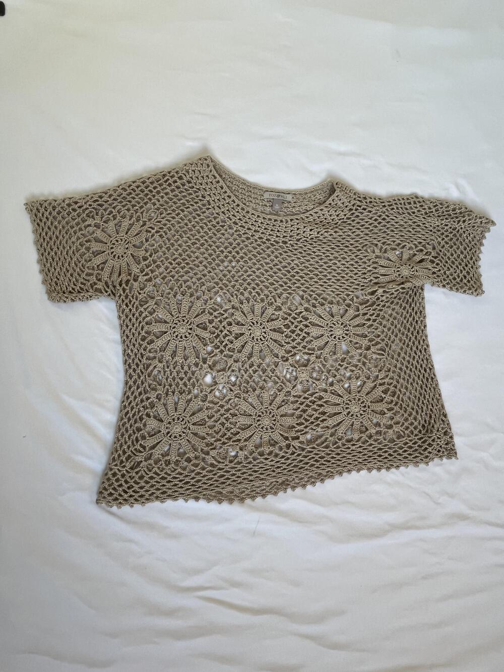 Roz & Ali Crochet Floral Blouse Womens XL Beige Short Sleeve Sheer Boho Top